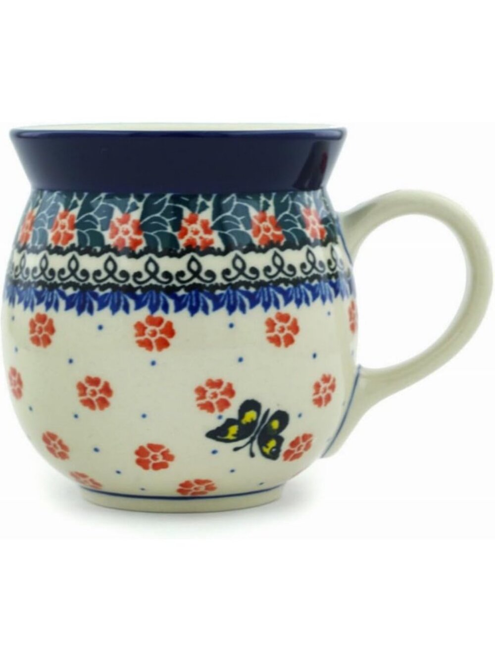 Authentic Polish Pottery Bubble Mug 16 oz in Spring Butterfly Design Handmade in